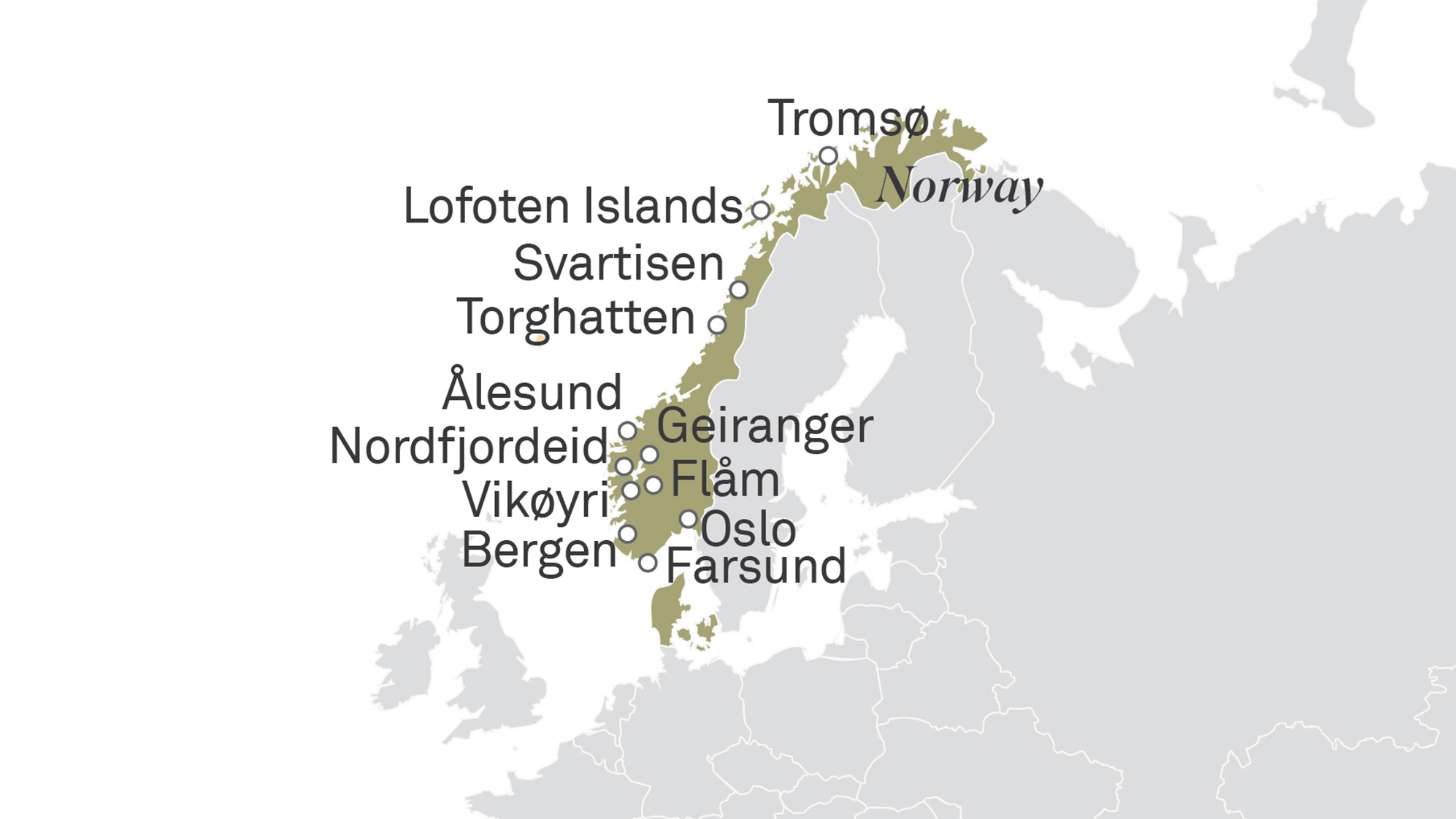 Map of locations in Norway visited by Scenic Eclipse