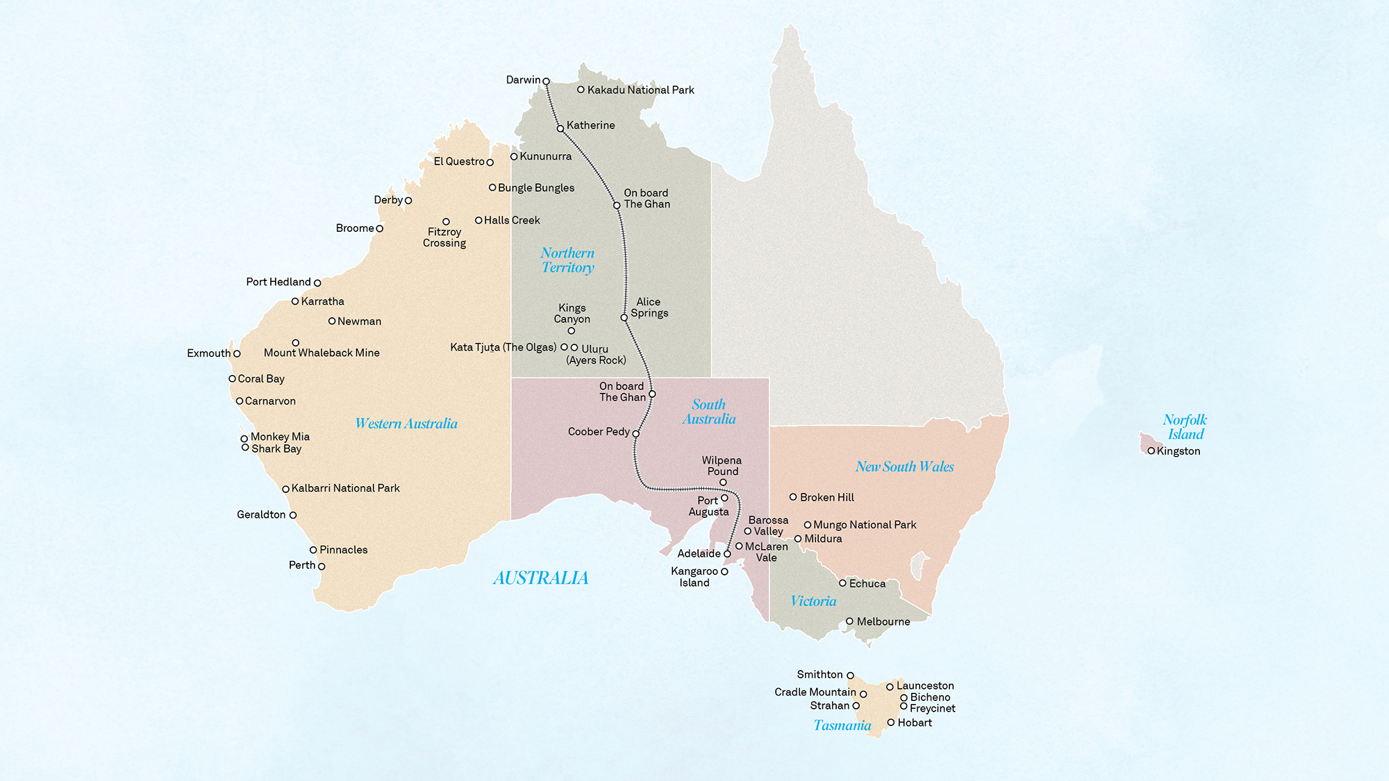 Map of where Scenic Land tours go to in Australia
