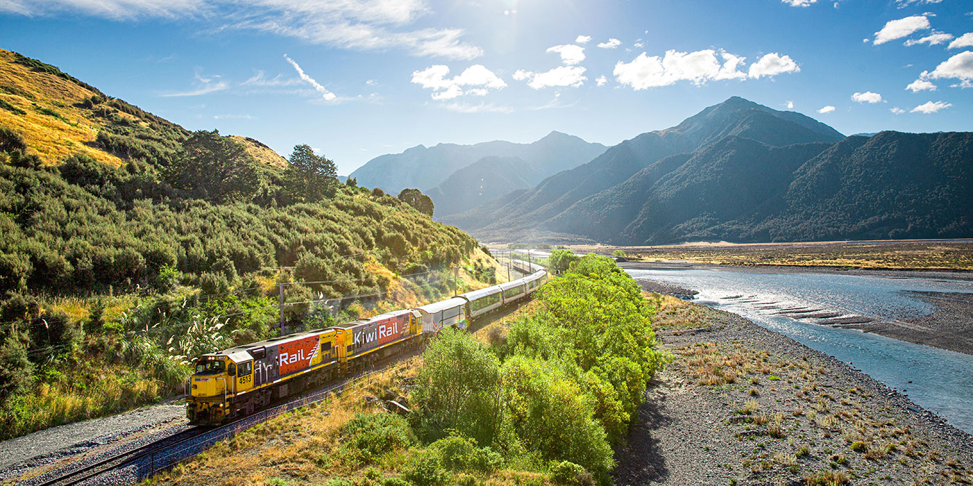 TranzAlpine alongside Waimakariri River