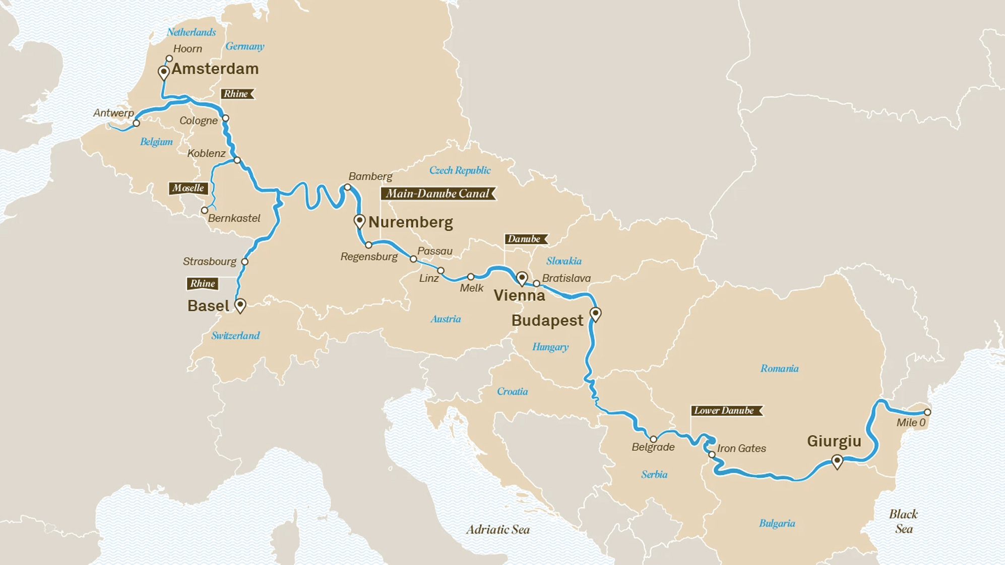 Map of where Scenic cruises on the Rhine, Moselle, Main and Danube rivers, Europe