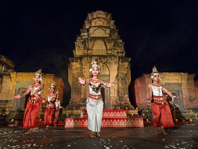 Aspara dancers performing in front of the Angkor Wat Temple in Siem Reap