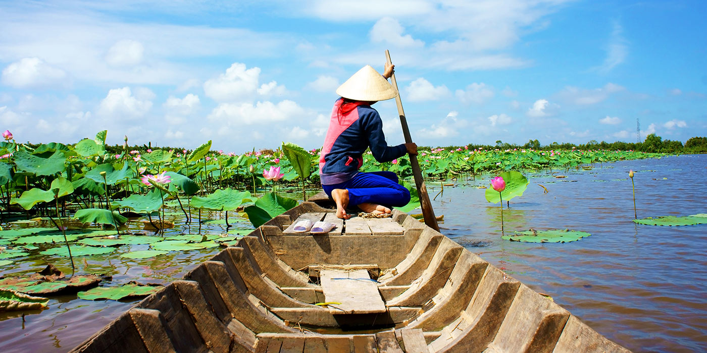 Lotus flowers and local boat on the Mekong River.