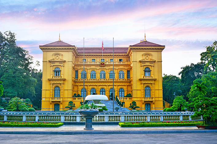 The yellow exterior of the Hanoi Presidential Palace