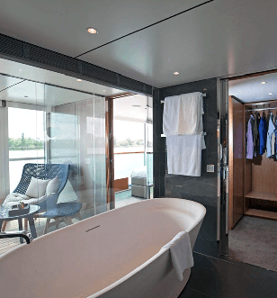 The luxurious bath in the Royal Owner’s Suite bathroom on the Scenic Diamond cruise ship. 