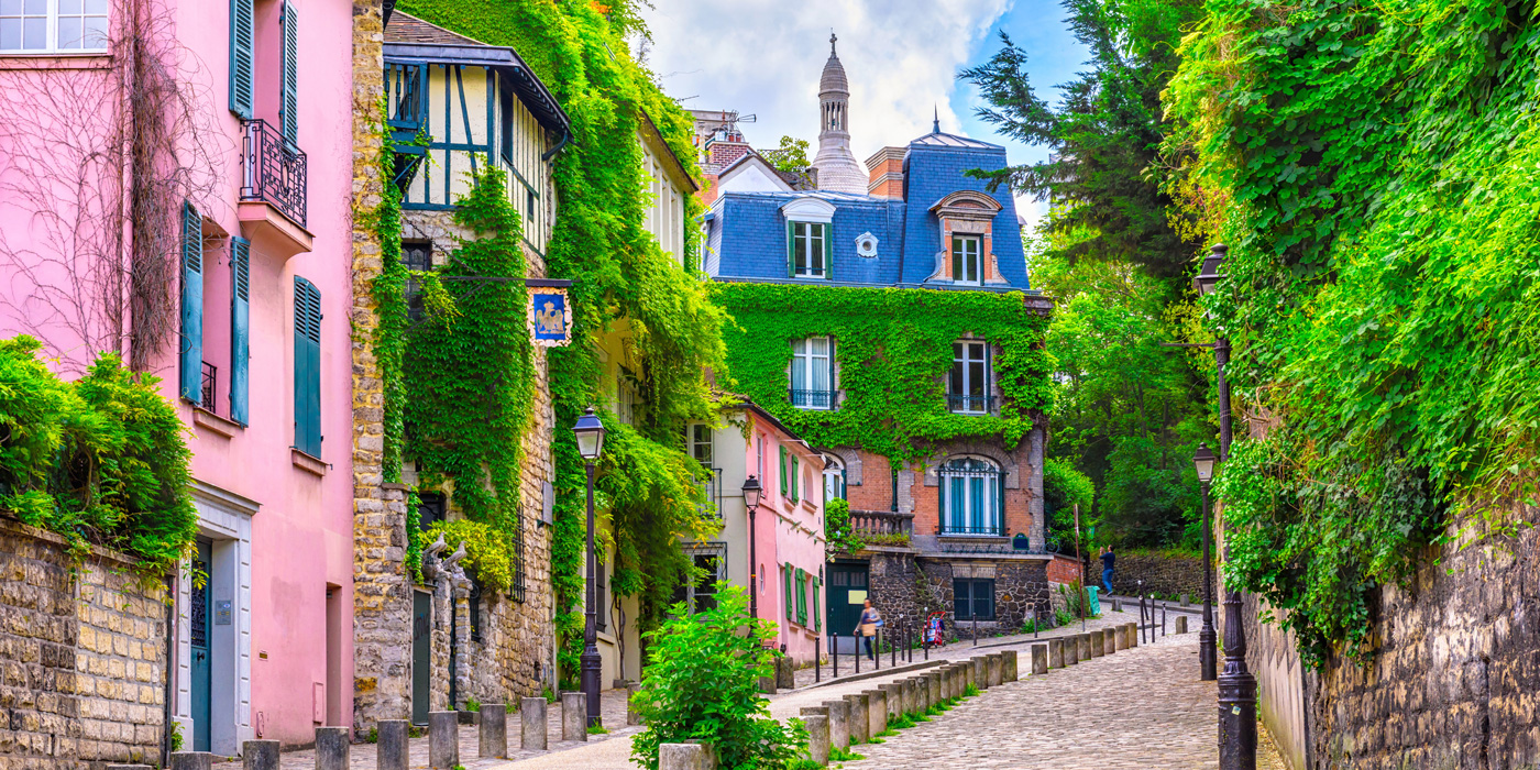 Pink and blue houses in Montmartre, Paris France
