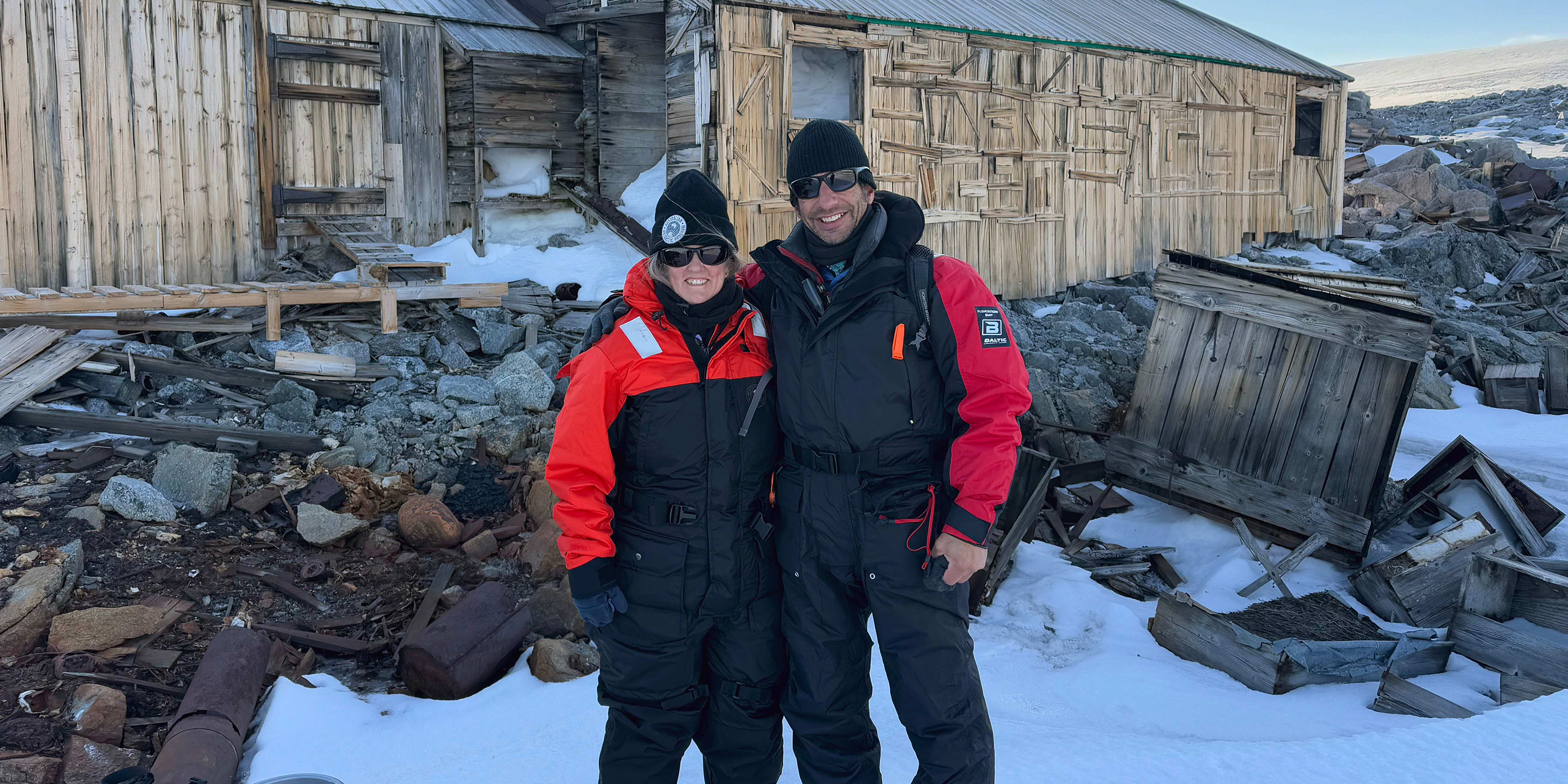 Jason Flesher and Dr Louise Emmerson at Mawsons Hut, East Antarctica