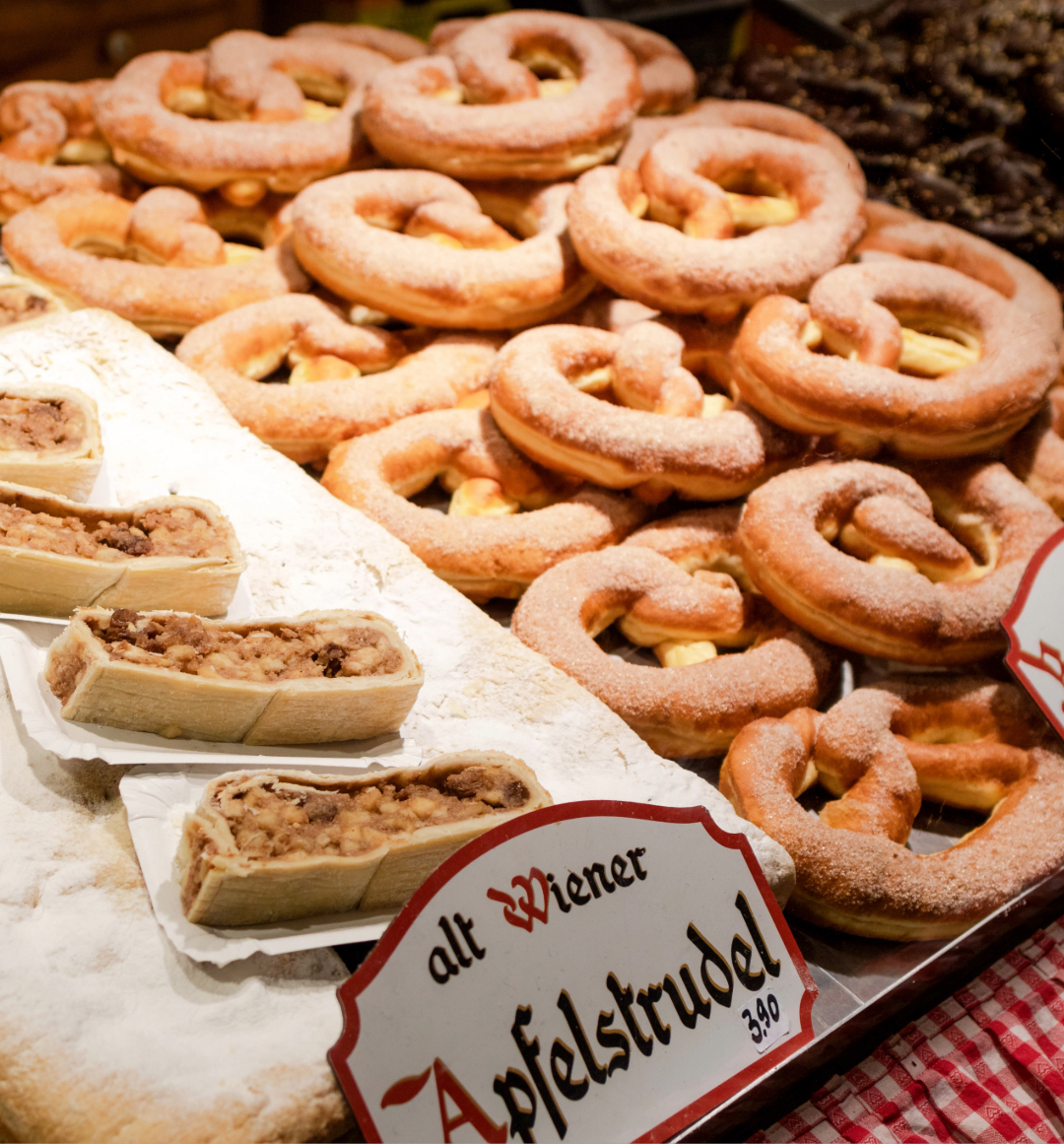 Strudel and pretzels sold at a European Christmas market stall