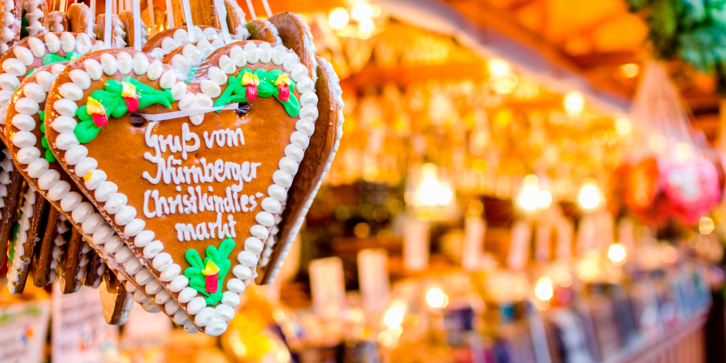 Festive christmas market stall with gingerbread biscuit