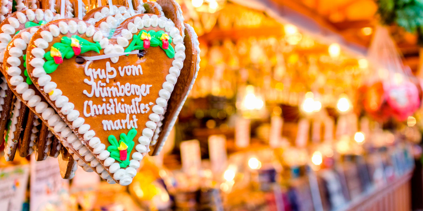 Gingerbread hearts at Munich Christmas market, Germany.